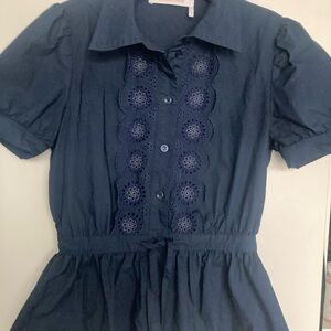 Seeby Chloe women dark navy color size XS 36 button down cap sleeves embroided